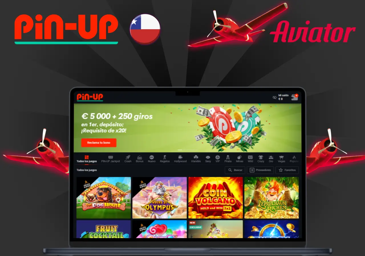 Vista del juego Aviator en Pin-Up Chile con opción de bono de 5,000 EUR y 250 giros gratis