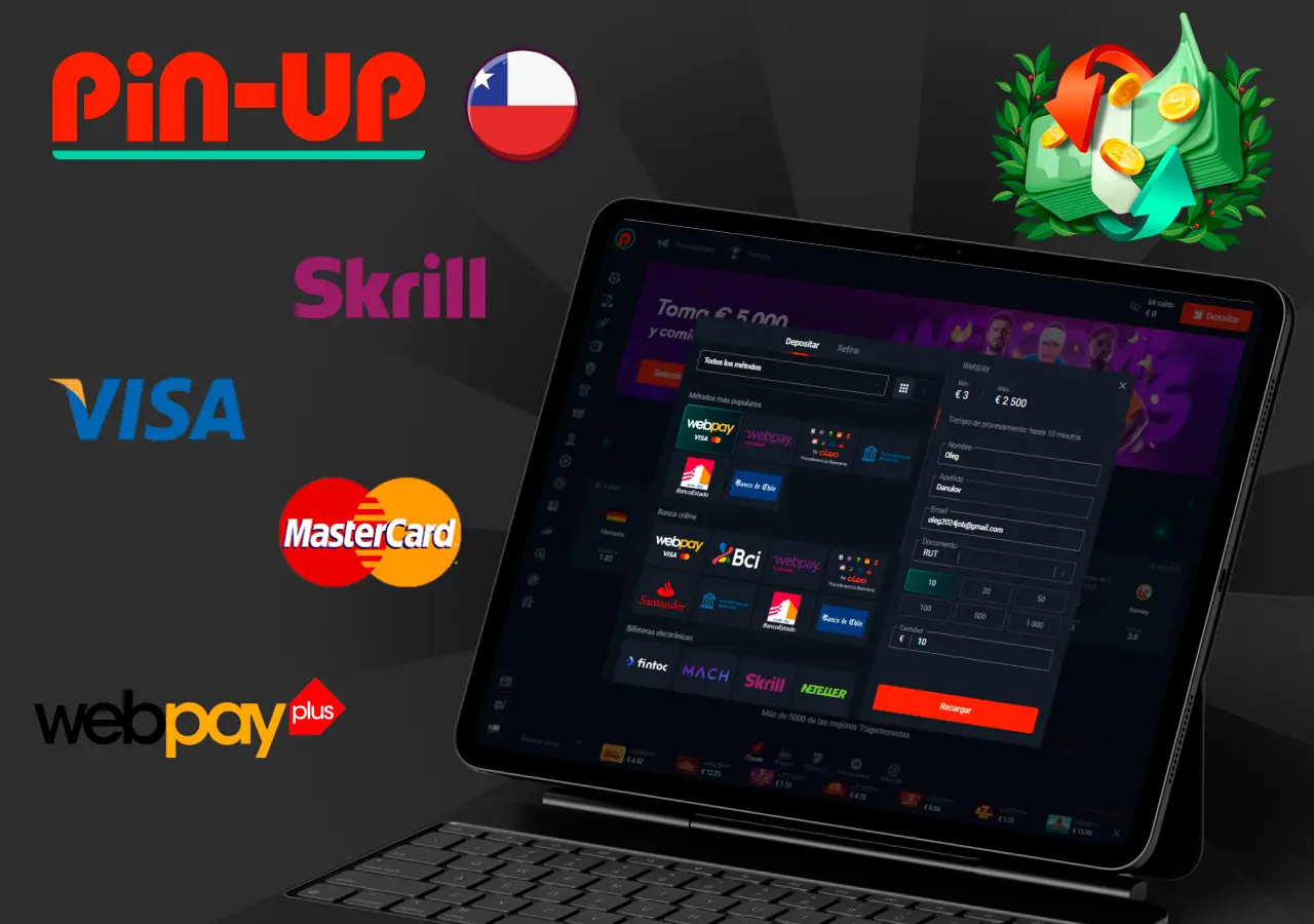 Métodos de pago en Pin-Up Chile incluyendo Skrill, Visa, MasterCard y WebPay